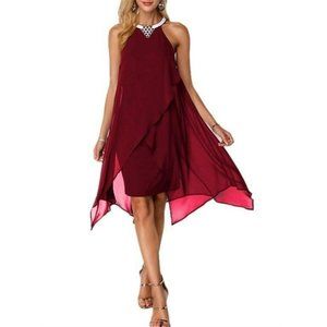 Women's chiffon overlay Halter top Embellished Burgundy Dress Size XL